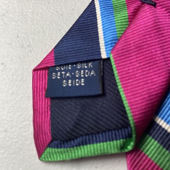 BREUER Men's Silk Necktie ITALY Hand Made Designer STRIPED Pink/Blue/Green EUC - Picture 5 of 8